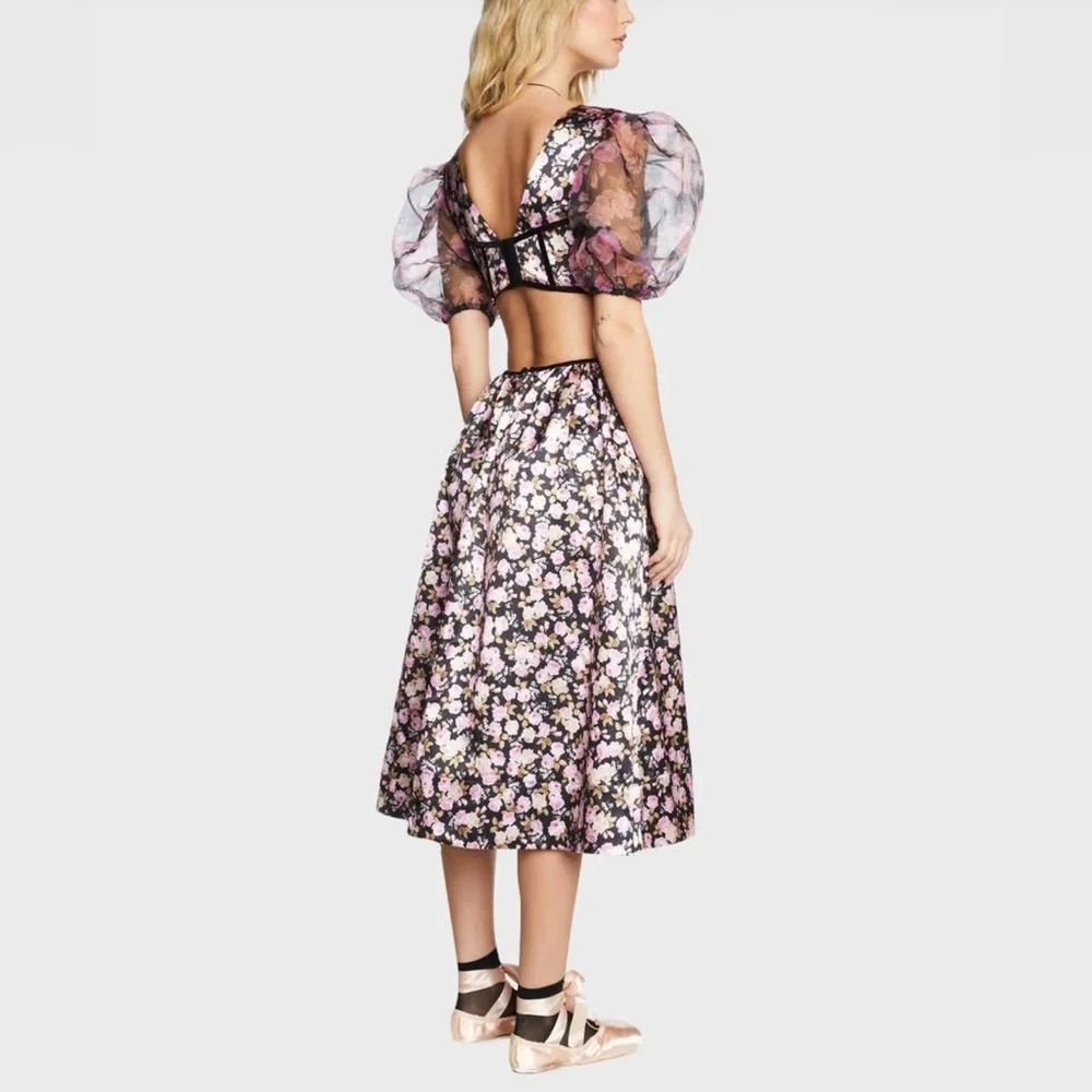 For Love And Lemons Black and Pink Floral Midi Dress - Picture 2 of 5